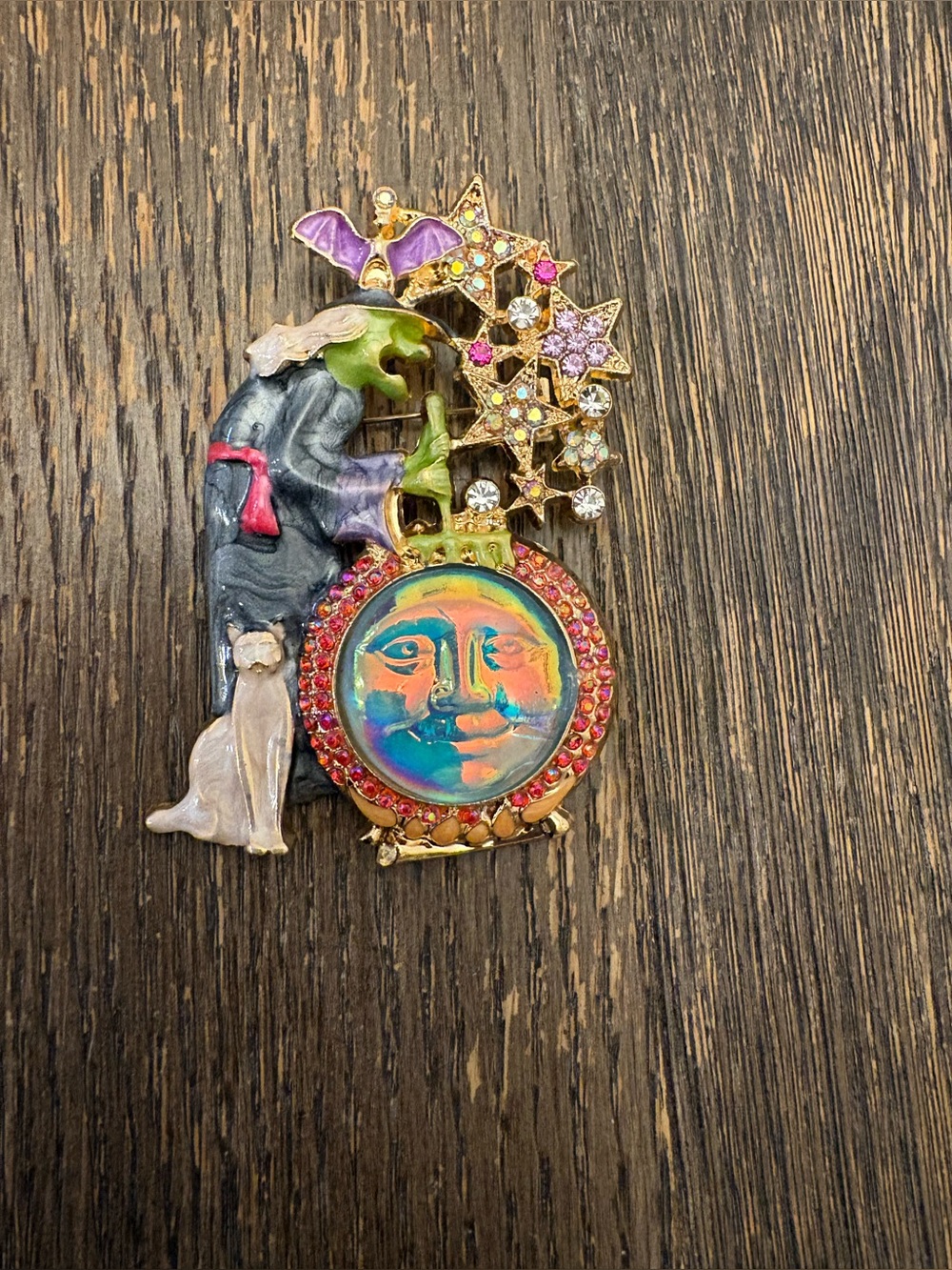 Kirks folly inspired witch  Moon and Cat Enamel brooch